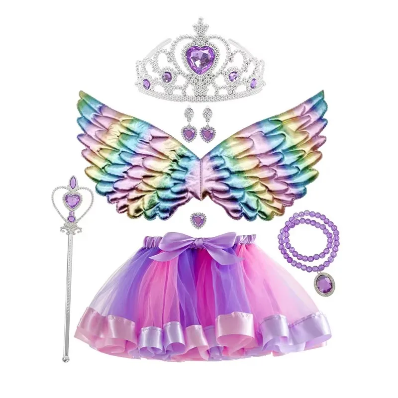 

Seven Piece Girl Half Skirt+Accessories+Wings Rainbow Skirt Set Sweet And Cute Children's Half skirt Performance Suit