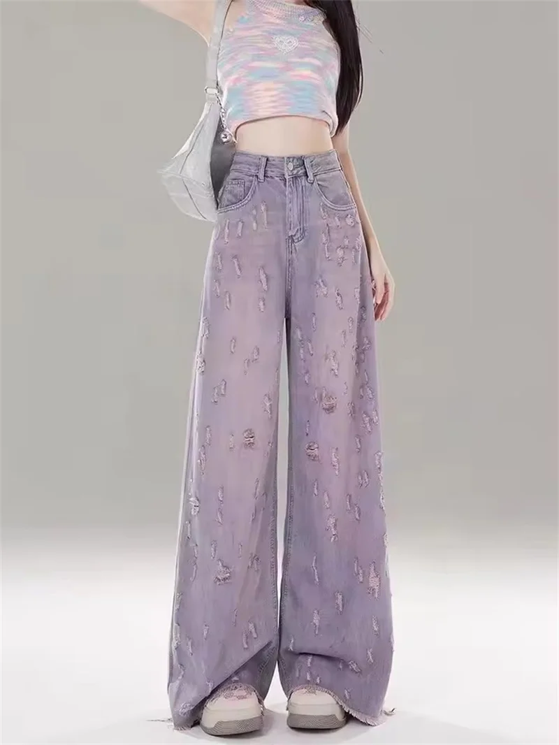 Women Spring Summer New Hole Design Sense Floor-Length Pink Purple Long Trousers Fashion High Waist Wide Leg Denim Jeans Ladies