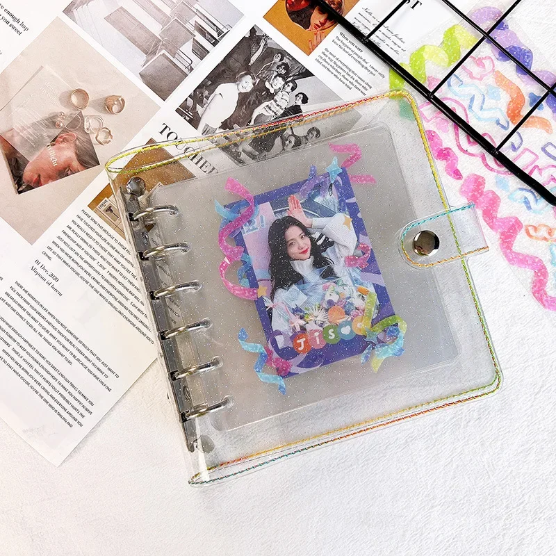 A7 Korean INS Square 6-hole Loose-leaf Transparent Glitter Pvc Goo Card Notebook Journal Notebook A7 Planner Cover Notebook