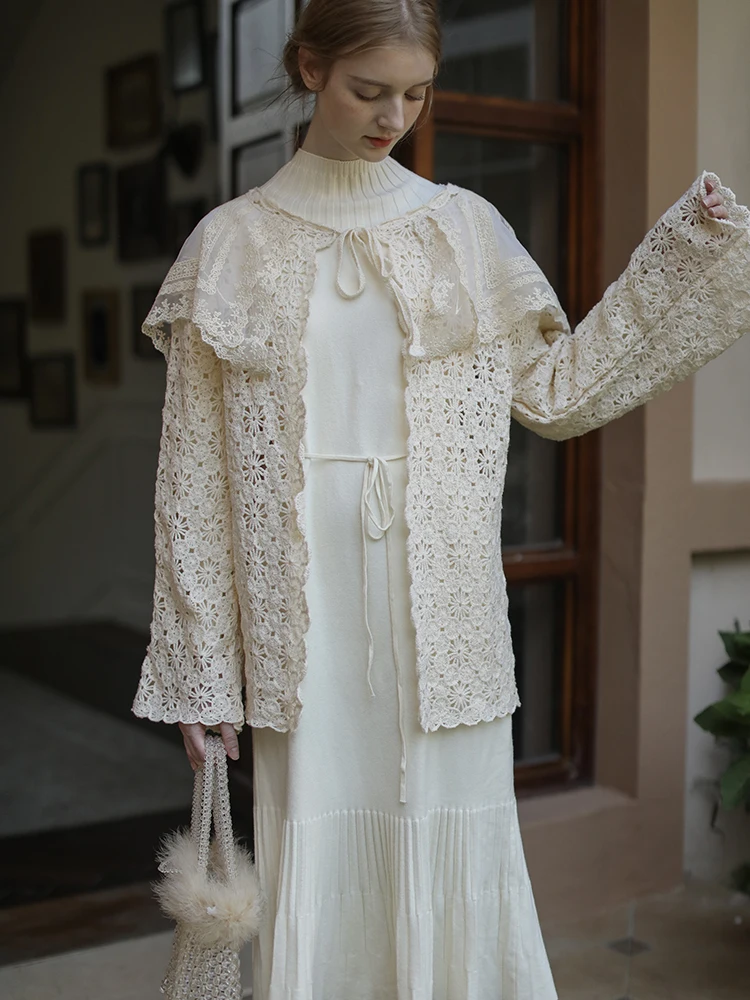 

Spring Autumn 2022 Women French Fairytale Vintage Mori Kei Hollow Out Crochet Lace Embroidered Sweater Coat Cardigan