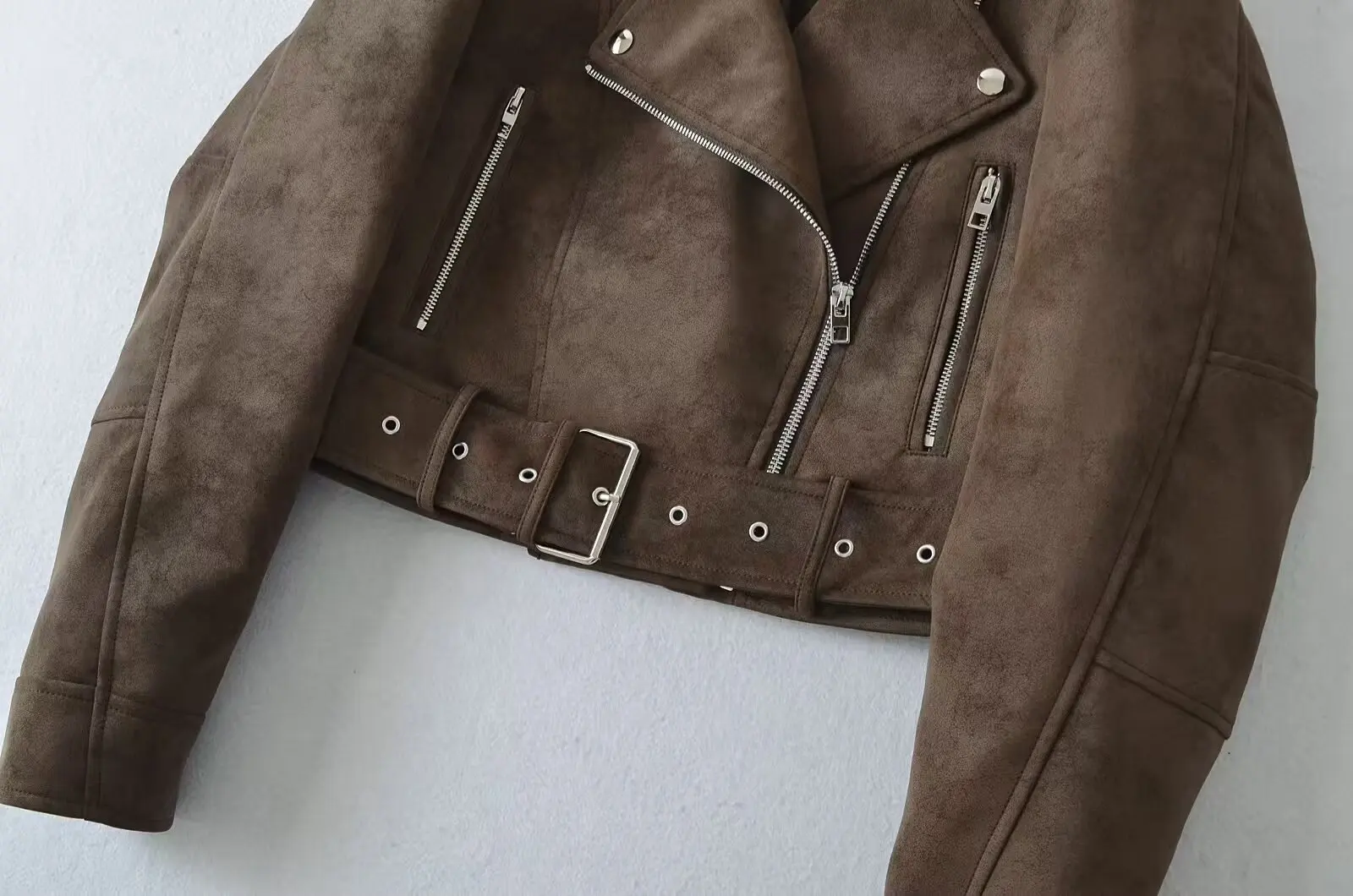 Spring Women's Brown Suede Short Jacket Loose Lapel Zipper Long Sleeve Motorcycle Coat Female Hot New Lady High Street Outwear