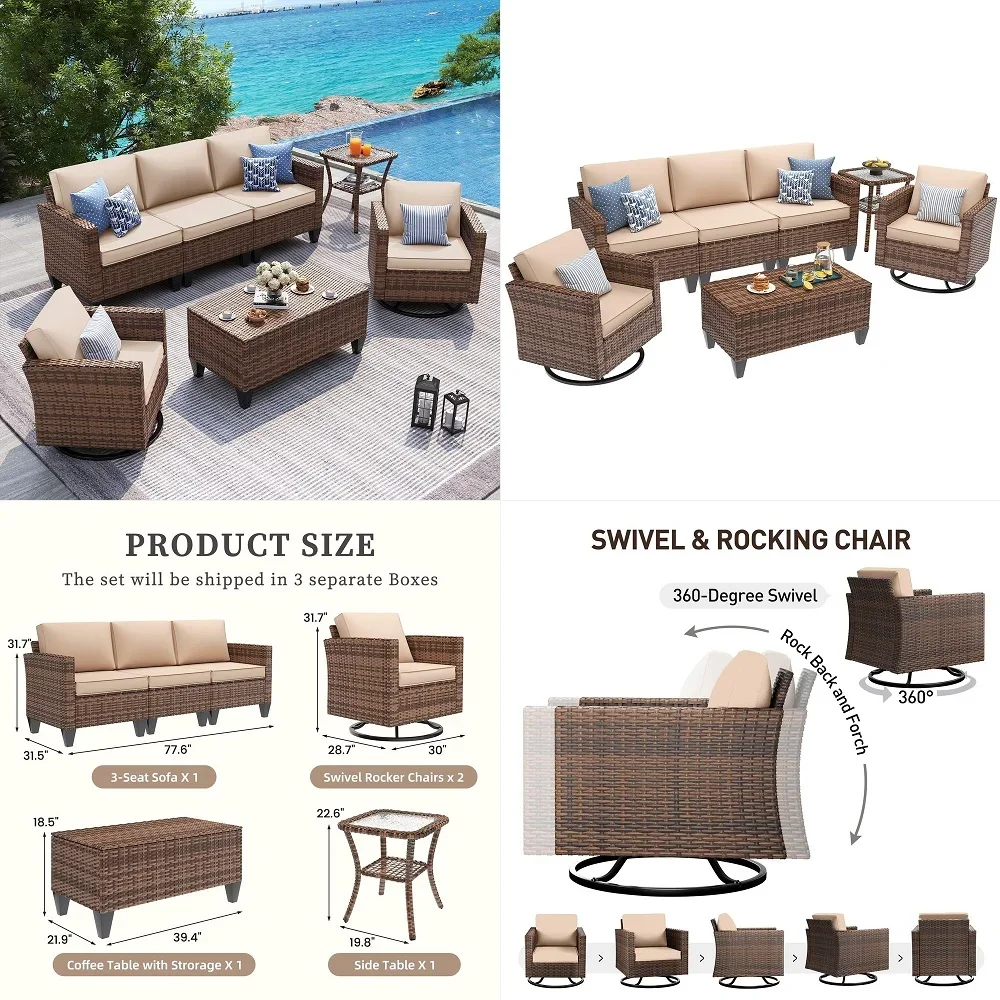 

HDPE Patio Furniture Set, 7piece Outdoor Sectional Sofa Set, All Weather Outdoor Couch Set for Deck, Lawn, Grey Frame with Khak