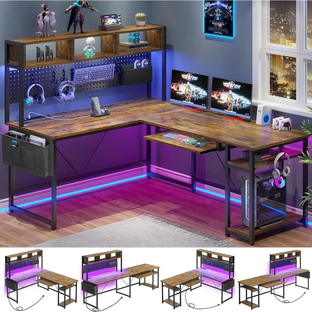 L Shaped Computer Desk, with Power Outlet and Pegboard, with Led Lights, Keyboard Tray, Storage Shelves, Computer Desk