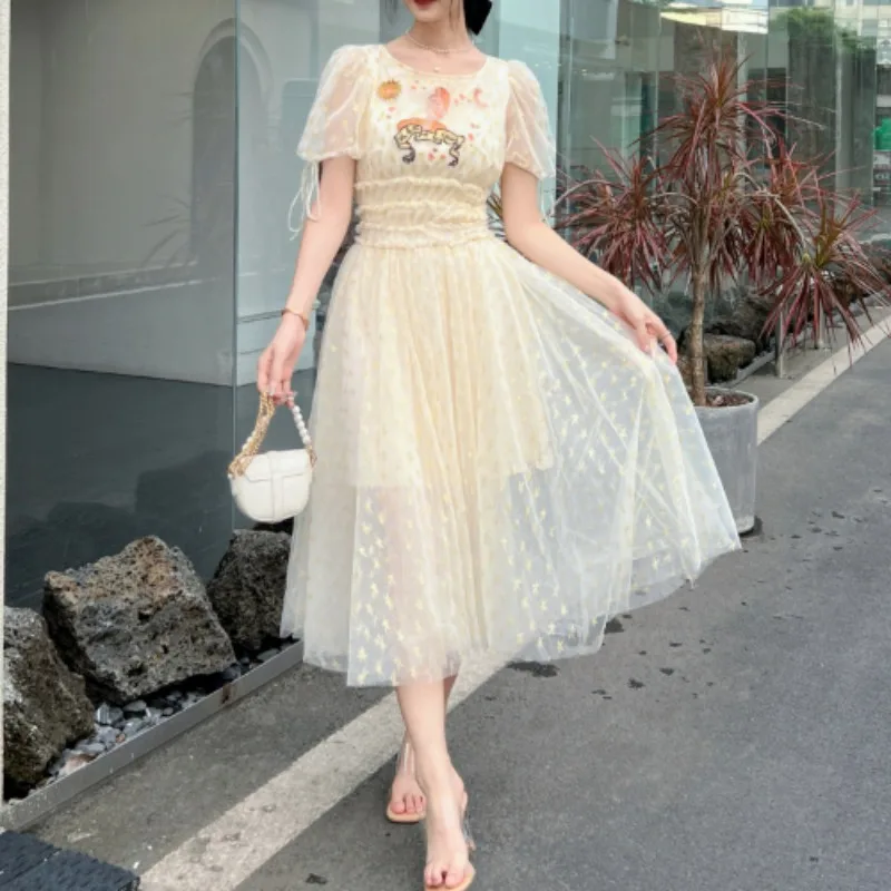 Runaway Design Mesh Dress Women Summer Embroidery Flower Vintage Clothing Women's High Waisted Elegant Vestidos Spring