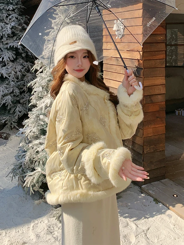 

Thiened White Goose down Puffer Jaet Women's Faionable Chinese Sle Embroidery Pearl Button Inner Coat Winter New Arrival