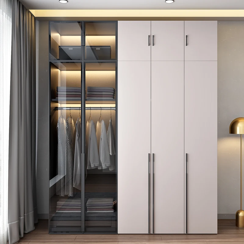 

Light Luxury Glass Door Wardrobe Modern Bedroom Swing Door Solid Wood Storage Combination Glass Door With Drawers And Lights