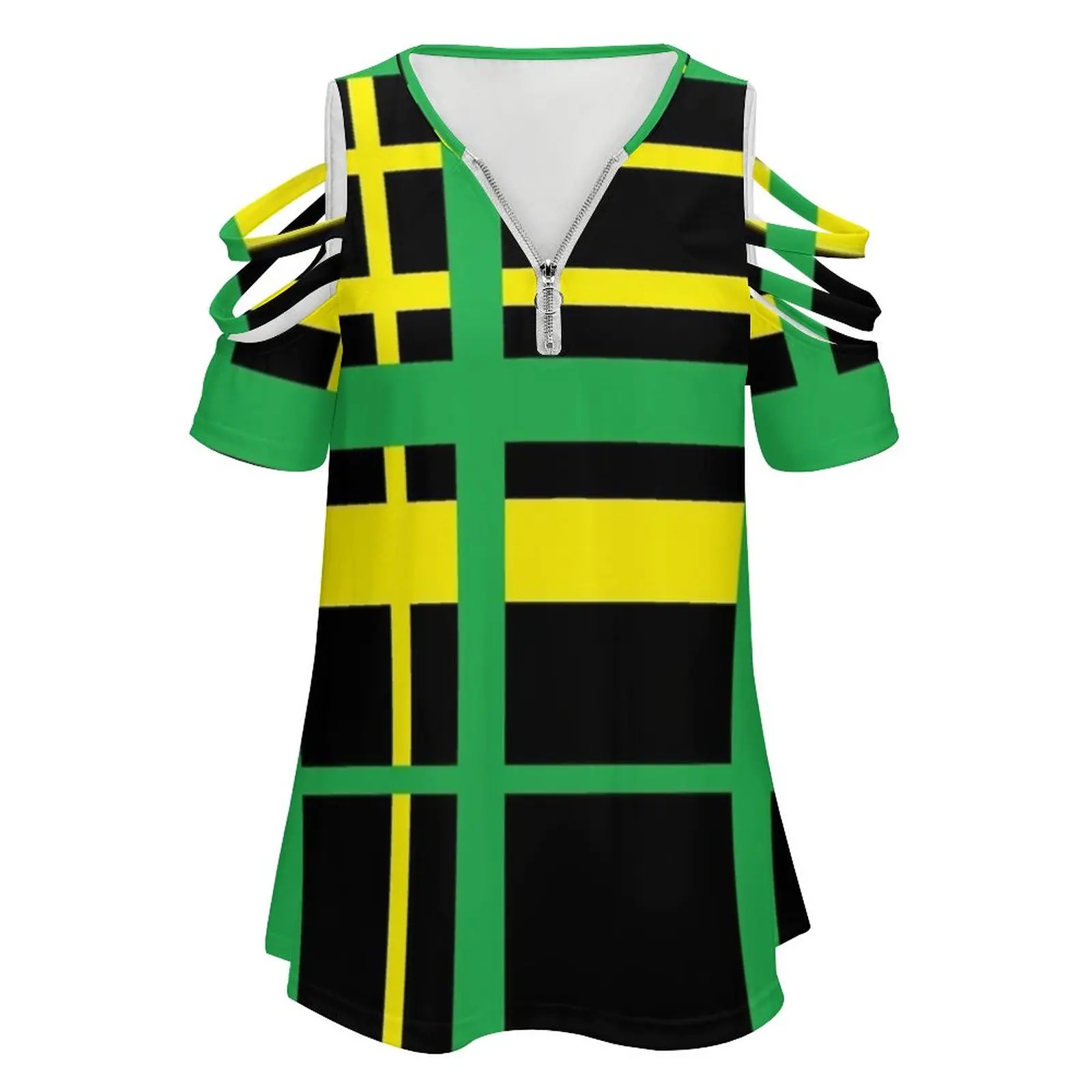 Jamaican Plaid Tartan ( Black , Yellow , Green Plaid ) New Fashion Zip Off Shoulder Top Short-Sleeve Women Shirt Jamaica