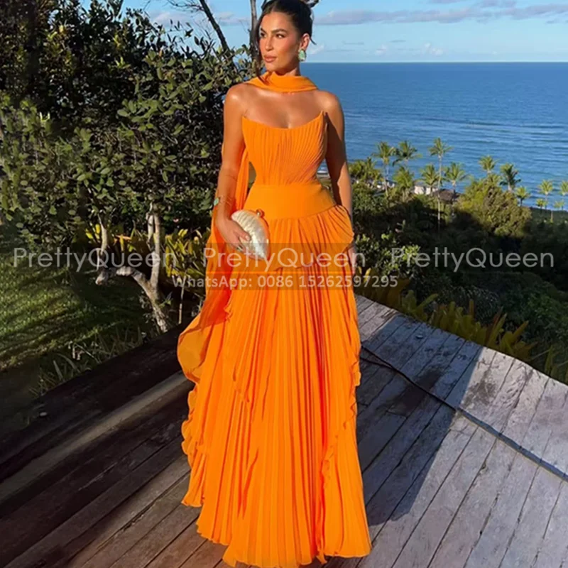 Laranja uma linha vestido de noite com lenço longo personalizado sem alças plissado chiffon vestidos de baile festa