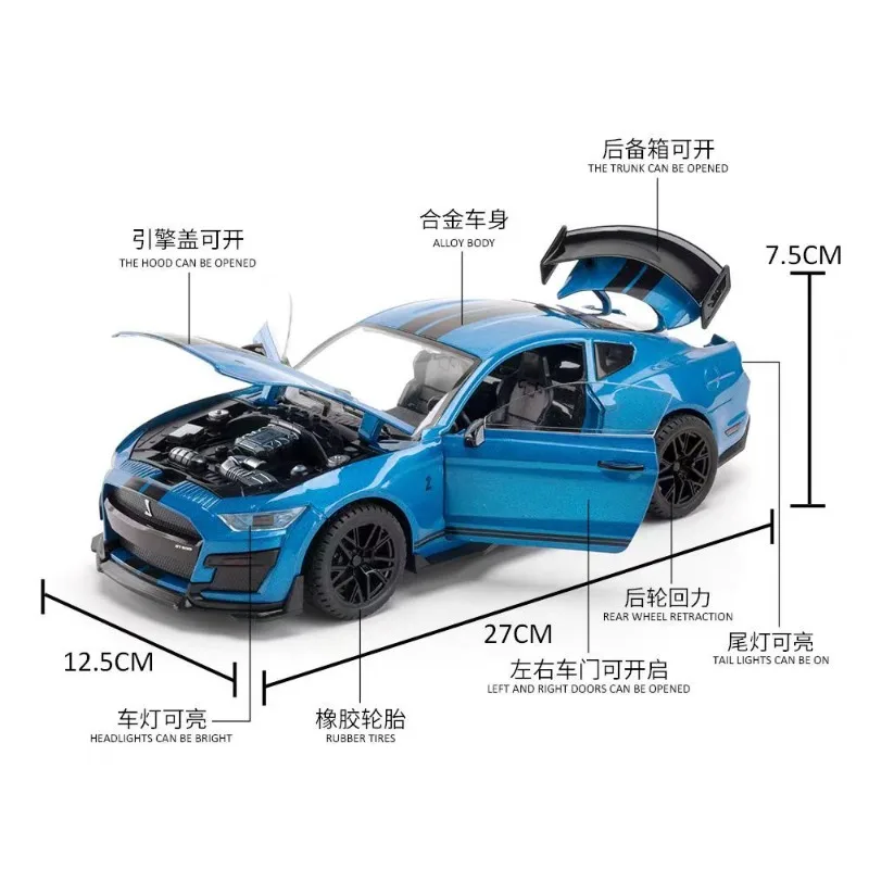 1:18 alloy sports car model mustang gt500 replica with sound effect pull back doors open practical gift for hobby daily use