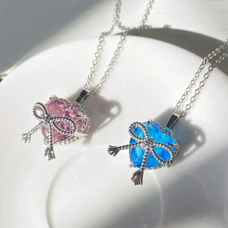 

MDL Moissa!ite Style Little Princess Gift Powder Zirconia Can Love Treasure Necklace Female Plated 18K Aquamarine Bow Earrings