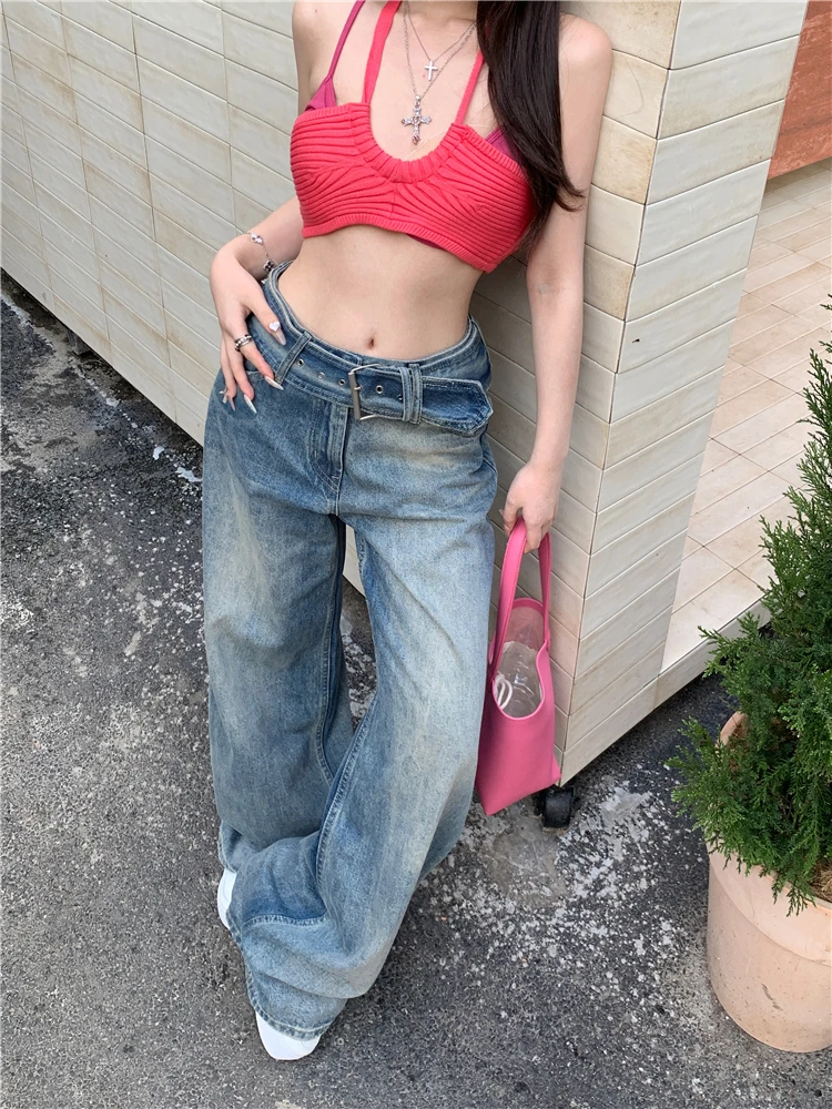 

Benuynffy Design Wide Belt Straight High Waist Wide Leg Pants Women's Y2k Retro Casual All Match Washed Baggy Mom Jeans 2024