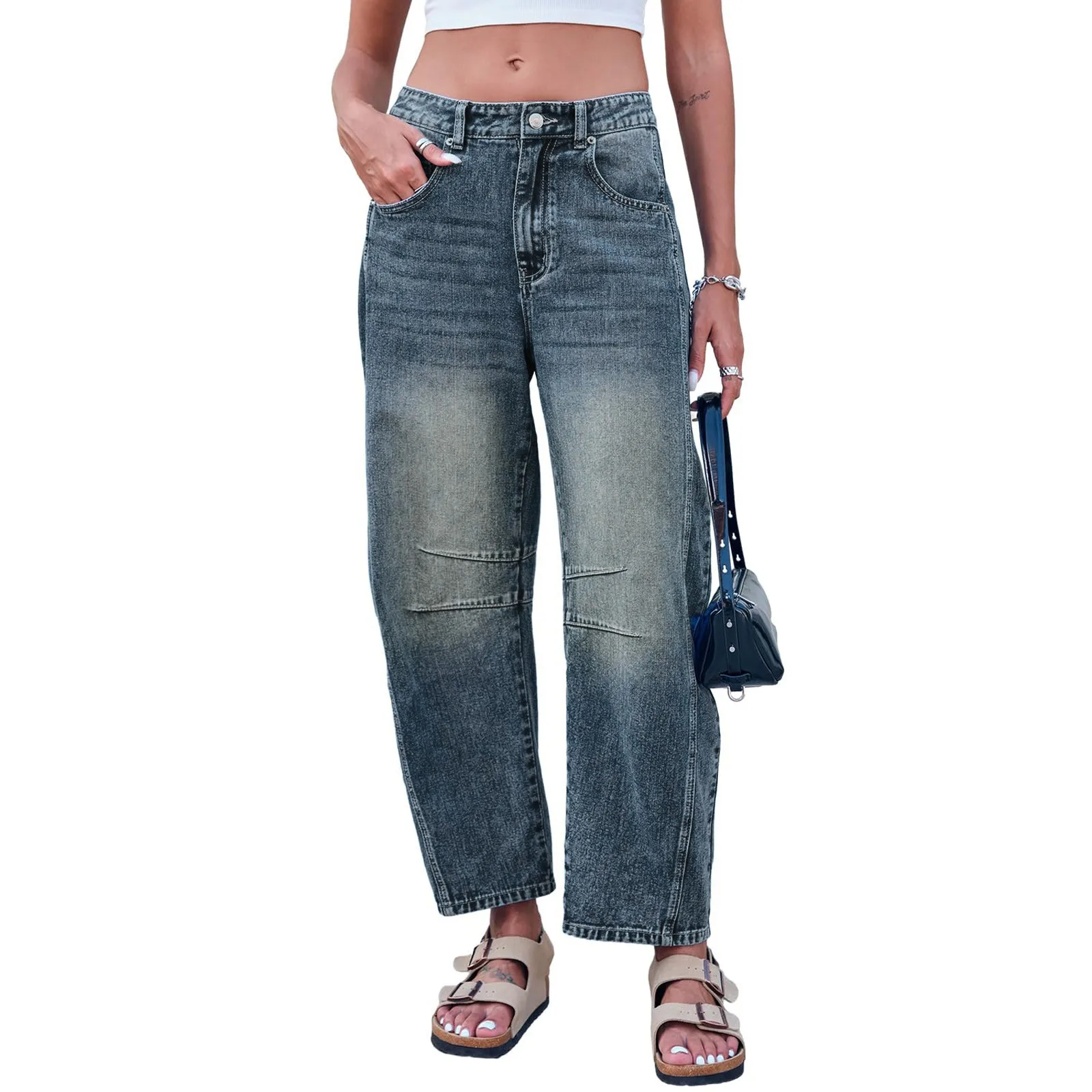 

Mid Rise Barrel Jeans Women Wide Leg Mid Waist Washed Cropped Denim Pants Baggy Jeans Pockets Casual Fashion Loose Trousers