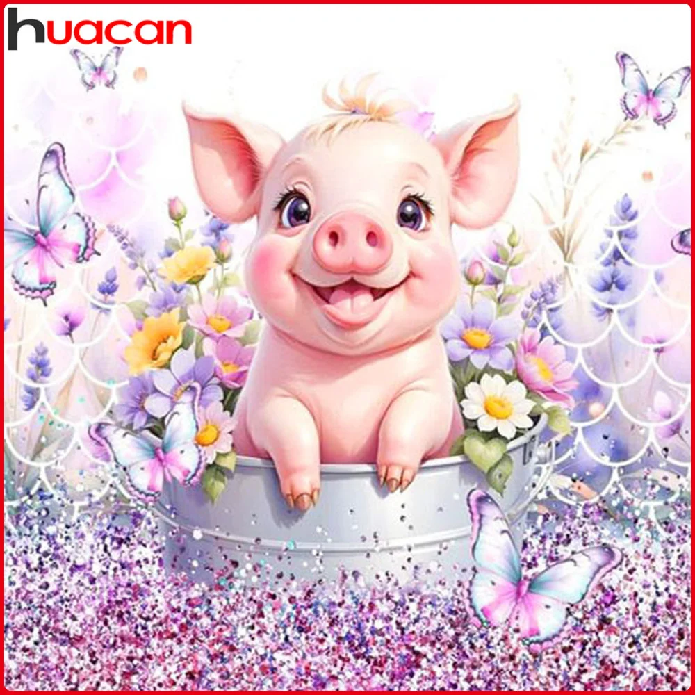 Huacan Animal Diamond Painting Flower Pig Diamond Embroidery Lavender Mosaic New Style Handmade Gift