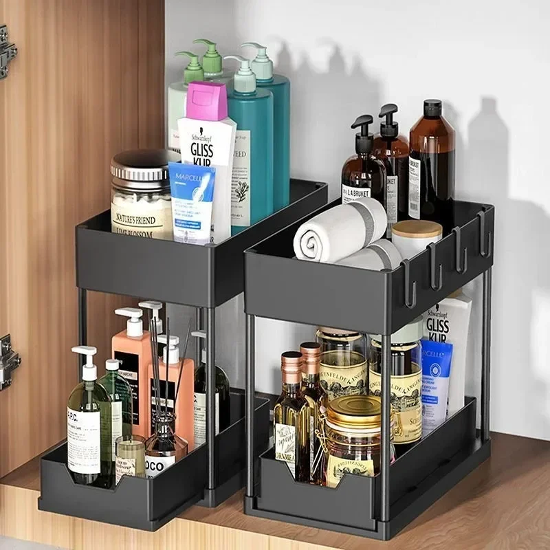 Under Sink Organizer and Storage, Kitchen Organization Rack with Double Sliding Cabinet Drawers, Multi-Purpose Storage Shelf Hol