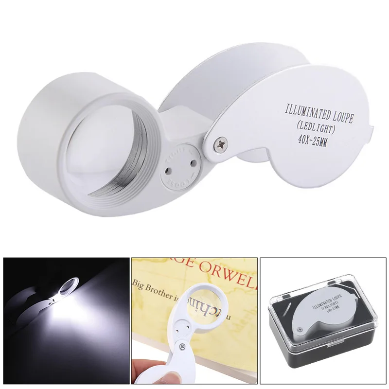 Mini Lupa com Luz Led Caixa de Metal hd Avaliação Coleção Antigo Diamante Jóias Bolso Iluminado Lupa 40x