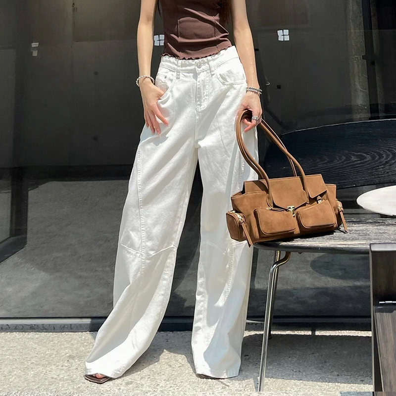 KSTUN 2025 Sommer Neue frauen Weiße Jeans Niedrige Taille Breite Bein Jeans Denim Hosen Losoe Fitness Mädchen Casual Ziehen Hosen gestreift