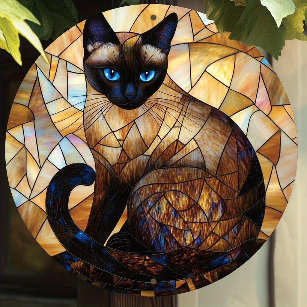 1 Stück Vintage Siamesische Katze Aluminium Wandkunst – 2D Rundes Metallschild für Zuhause, Büro, Bar, Küchendekoration – ideal zum Valentinstag