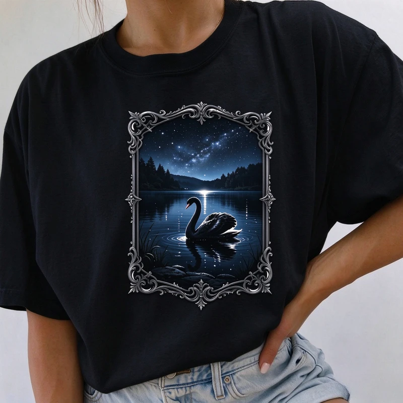 Vintage Starry Night Black Swan Graphic Tee Unisex Gothic Lake Scene Short Sleeve Gift Cotton for Dark Art Lovers Y2k Top
