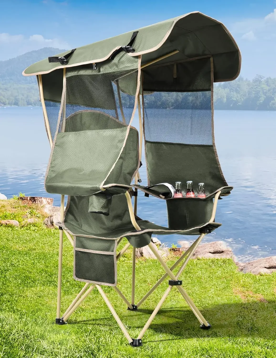 Chair with Cooler for Outdoors Sports, Folding Camping Chair with Shade Canopy, Cup Holder, Side Pocket for Camping, Beach, Tail