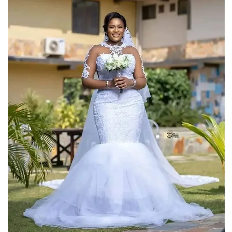

Luxury Plus Size A-Line Bridal Dress Lace Transparent Long sleeve crew neck Applique Pearl beaded layered custom wedding dress