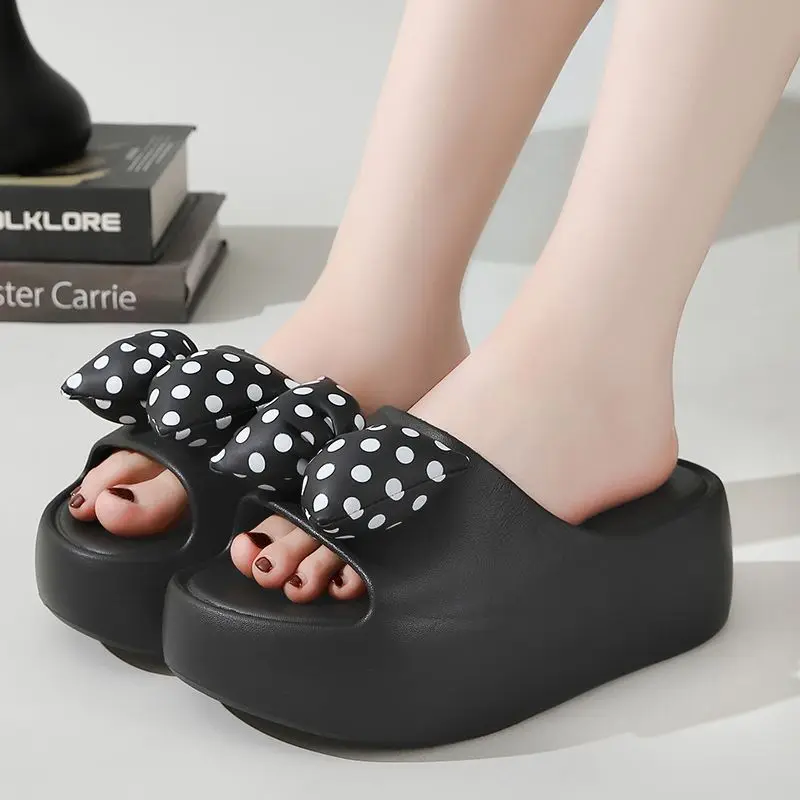 

New chunk bowknot slippers ladies elegant summer shoes women 5.5 cm height increase slipper woman anti odor EVA shoes flip flops