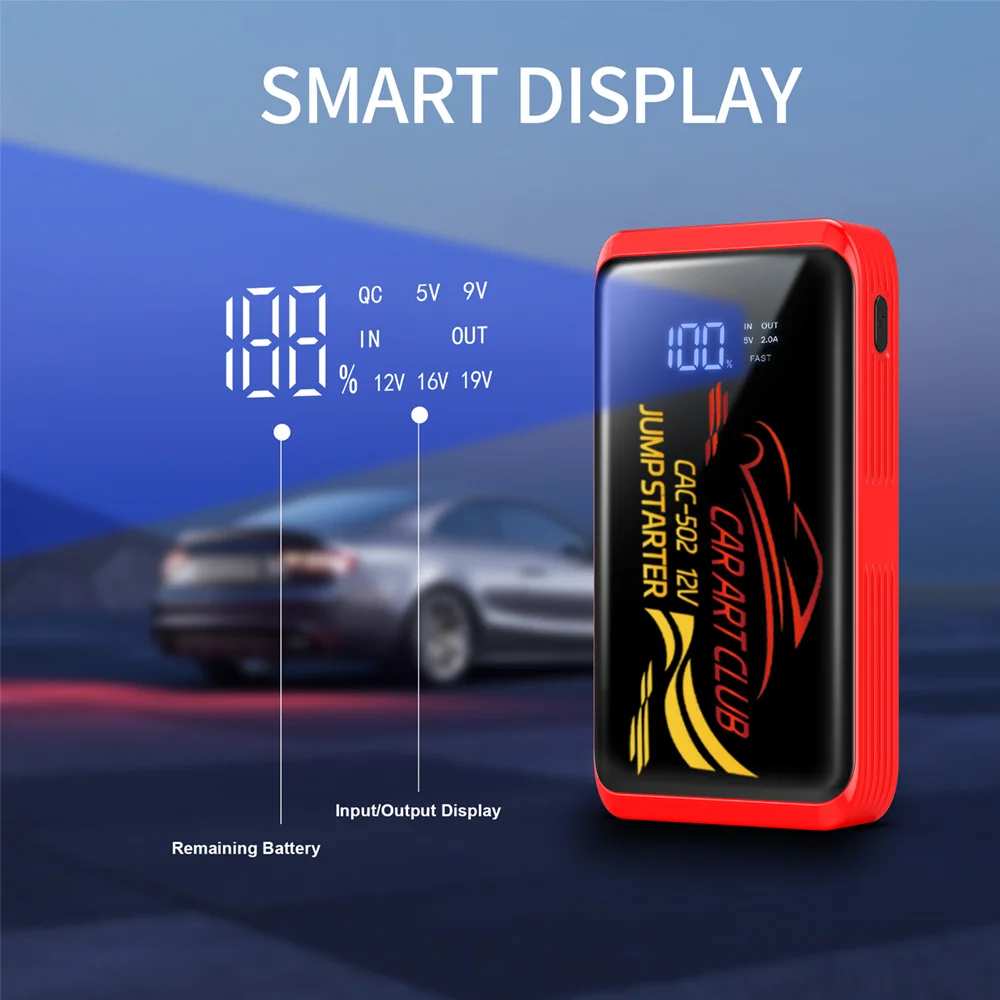 Smart Car Battery Jump Starter Booster, 12V Portable Power Bank with LED Light, Quick Charge Function for Vehicle SUV Truck