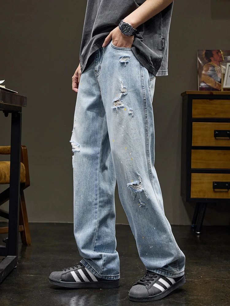 

Retro American Waed Men's Jeans Spring Autumn New Loose Wide Leg Straight Cut Torn Denim Pants Casual mid Waist Zipper