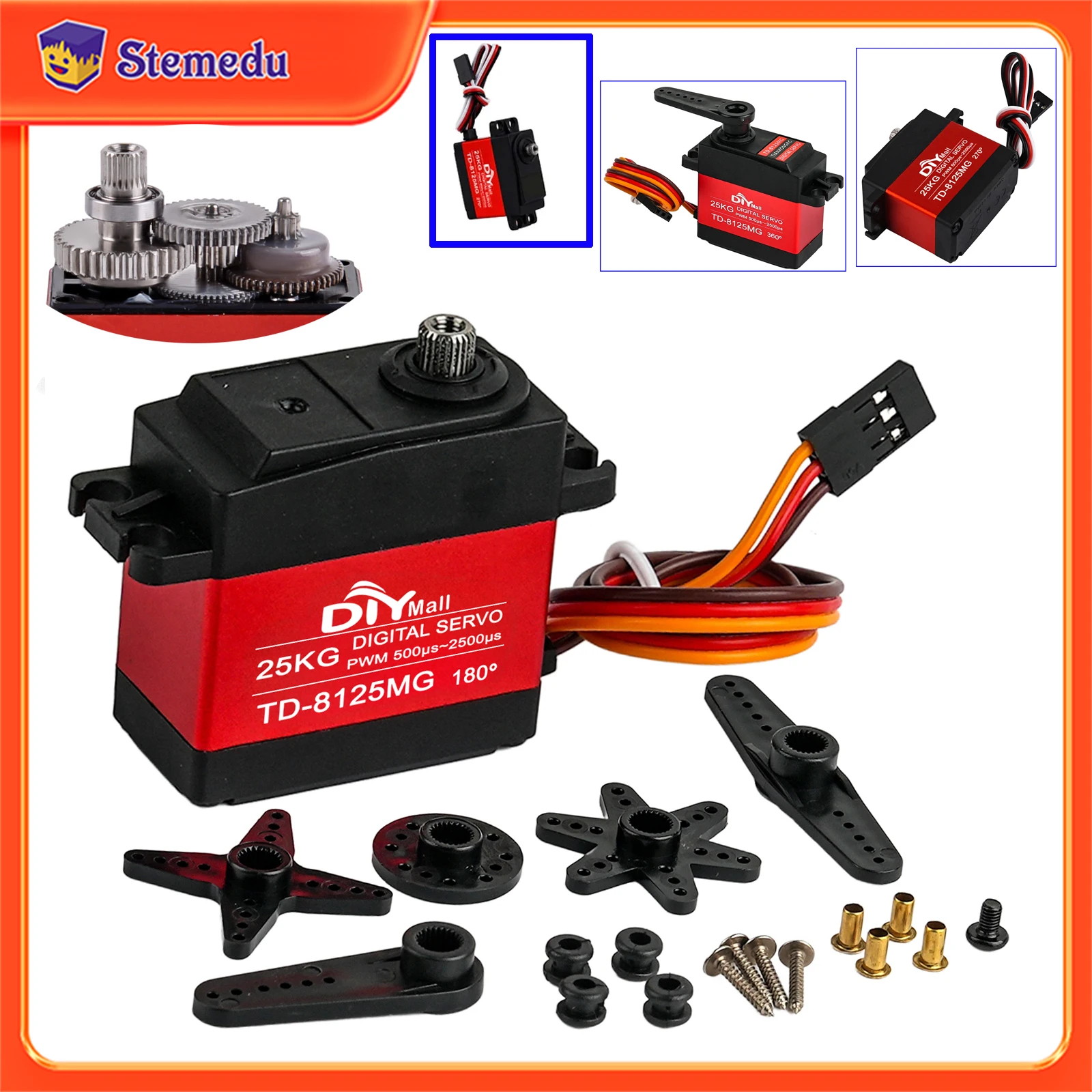 TD-8125MG 25KG 고토크 디지털 서보 방수 메탈 기어 360/270/180도 DIY 로봇 팔/RC 자동차 PWM 제어 서보