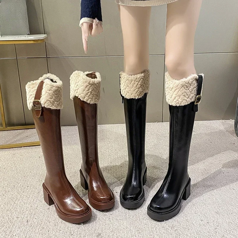 Zapatos de plataforma con cremallera lateral para mujer, botas hasta la rodilla, punta redonda, cálidas, de tubo alto y grueso, a la moda, invierno, 2024