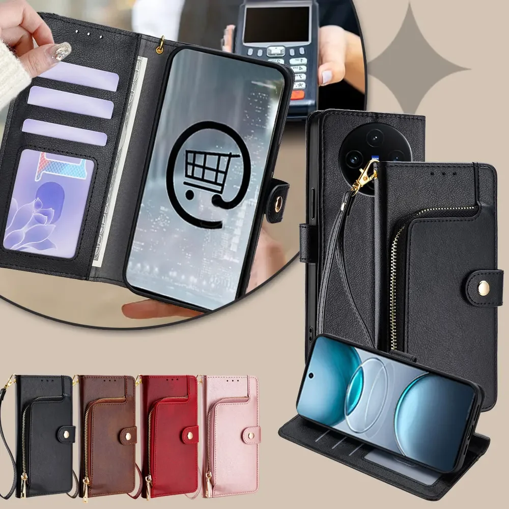 

GEFENIS Бизнес Многофункциональный кожаный флип-чехол на молнии для VIVO X100S Y03 Y02T Y18 Y27 Y27S Y28 Y38 T3X T2 Pro Y100 Y20