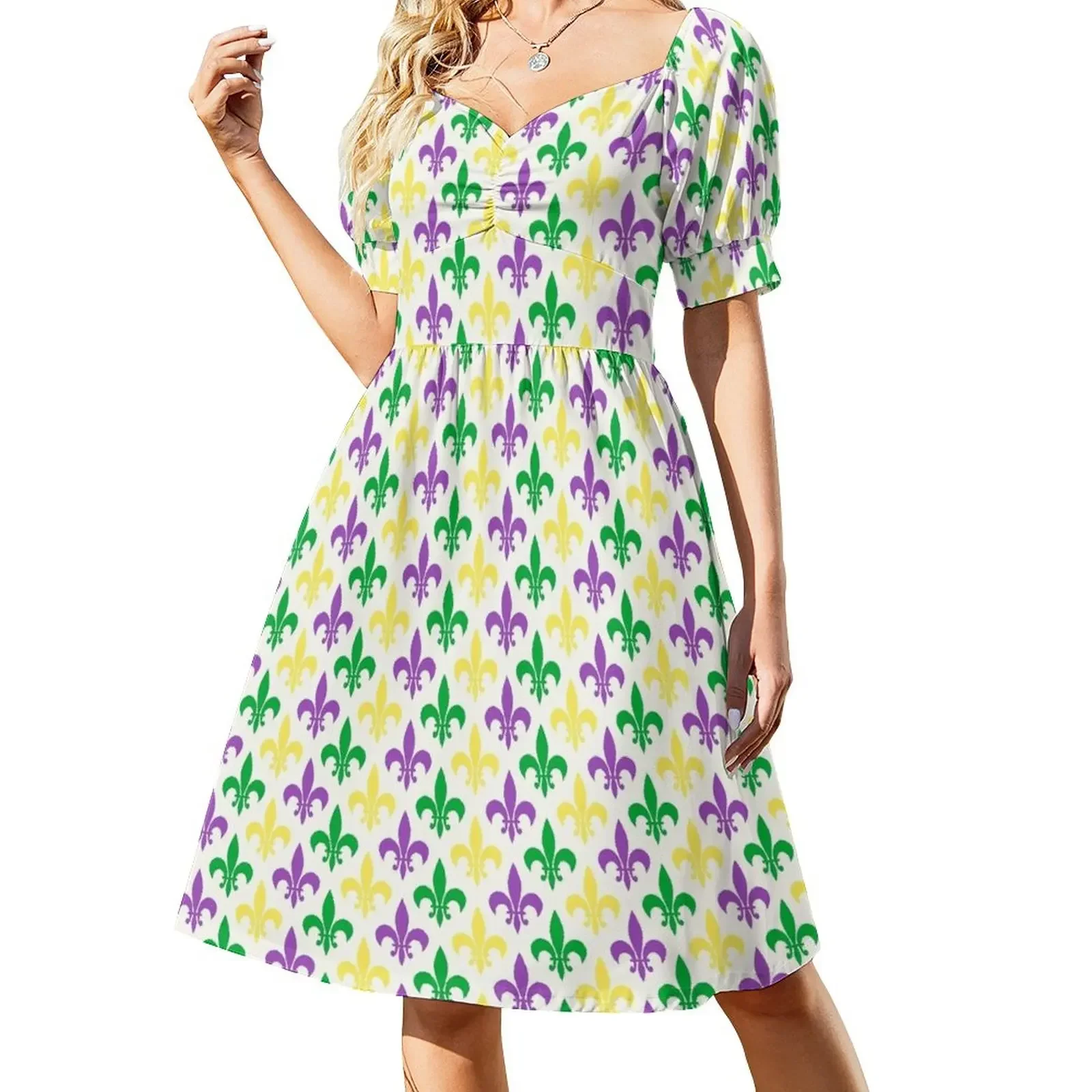 Mardi Gras Colorful Pattern Mardi Gras Decoration Short-Sleeved Dress luxury dress chic and elegant woman dress