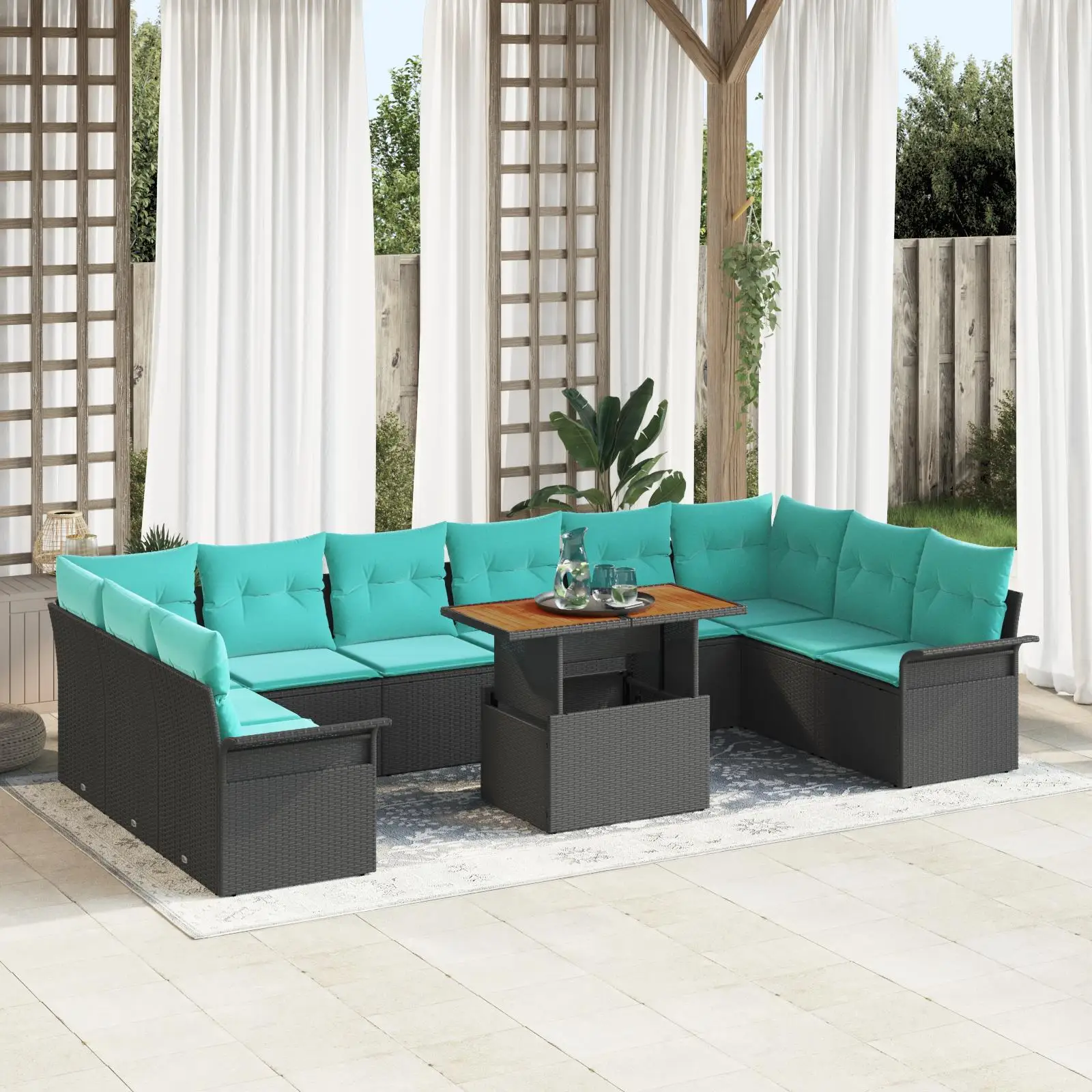 

11 Piece Outdoor Garden Sofa Set with Cushions Black Poly Rattan and Acacia Wood