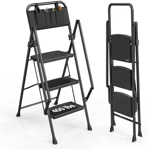 3 Step Ladder with Handrails, Folding Step Stool with Widened Anti-Slip Pedal, 500lbs Lightweight  Ladder 3