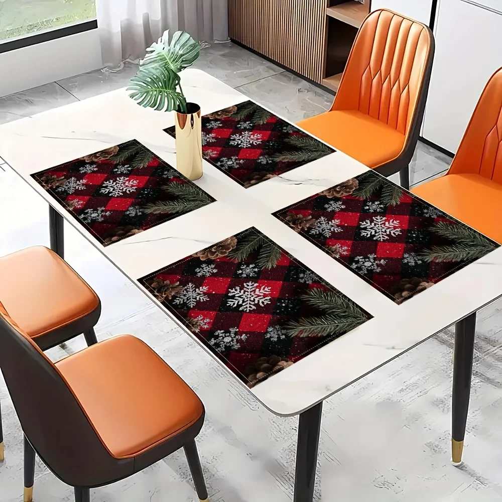 4pcs, Snowflakes on Red Black Winter Buffalo Plaid Christmas placemats, fashion print pattern table mat, for dining table