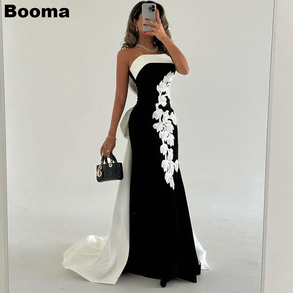 Booma Black and White Mermaid Evening Dresses Strapless Appliques Formal Party Gowns for Women Draped Bow Prom Dresses Dubai