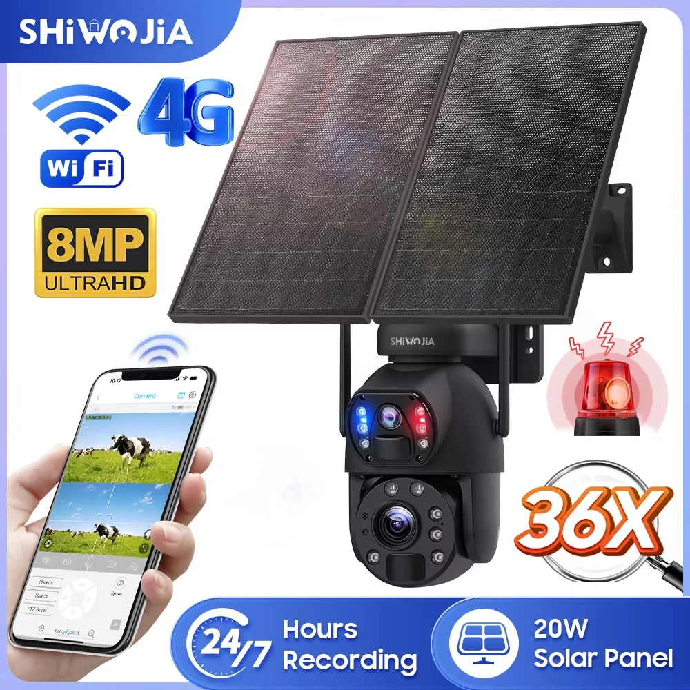 

SHIWOJIA 8MP 4G Solar Security Camera 20W 36X ZOOM Solar Panel Powered Camera 20000mAh Battery PIR Human Detection Night Vision