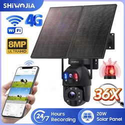 SHIWOJIA 8MP 36X ZOOM Solar Camera 4G SIM 20W Solar Panel 20000mAh Battery Camera 360° Outdoor Dual Lens Recording Humanoid PTZ