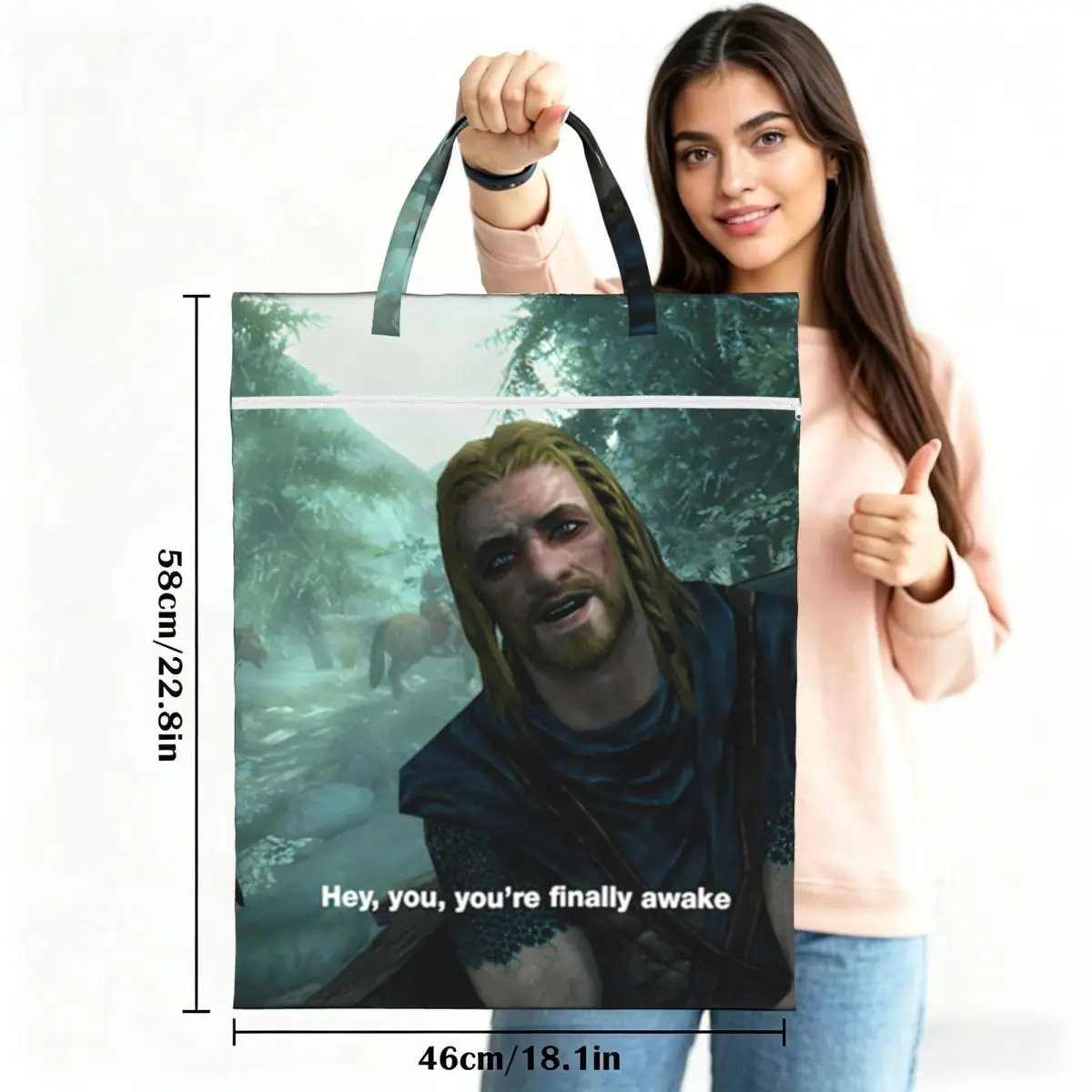Hey You You'Re Finally Awake Skyrim Travel Laundry Bag Waterproof Reusable Dirty Clothes Pouch Gym Yoga Vacation Washing Basket