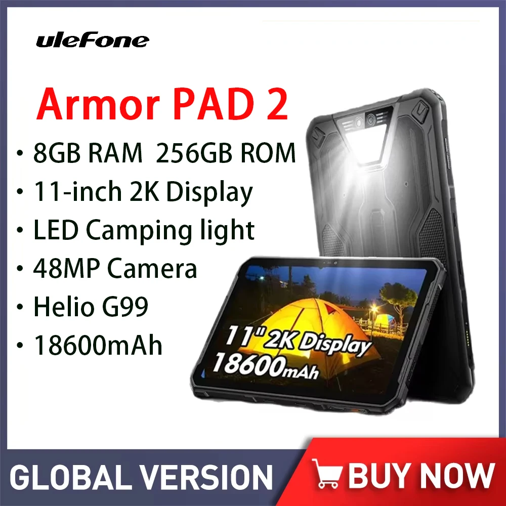 Ulefone Armor Pad 2 robuuste tablet 11 inch 2K tot 16 GB RAM + 256 GB ROM IP68/IP69K tablettelefoon 18600 mAh Android 13 4G tablets PC