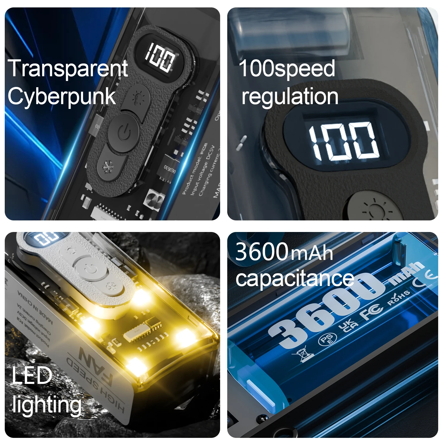 Ventilador de mão turbo dobrável recarregável de 3600mAh, mini ventilador de alta velocidade de 100 velocidades com luz LED para acampamento ao ar livre, caminhadas, viagens