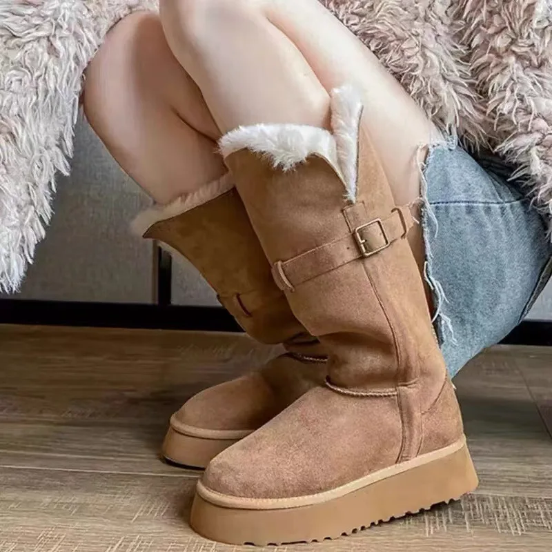 

2025Winter New Style Two-Way Mid-High Snow Boots for Women, Sheepskin Integrated Casual Fleece-Lined Warm Thick-Soled Long Boots