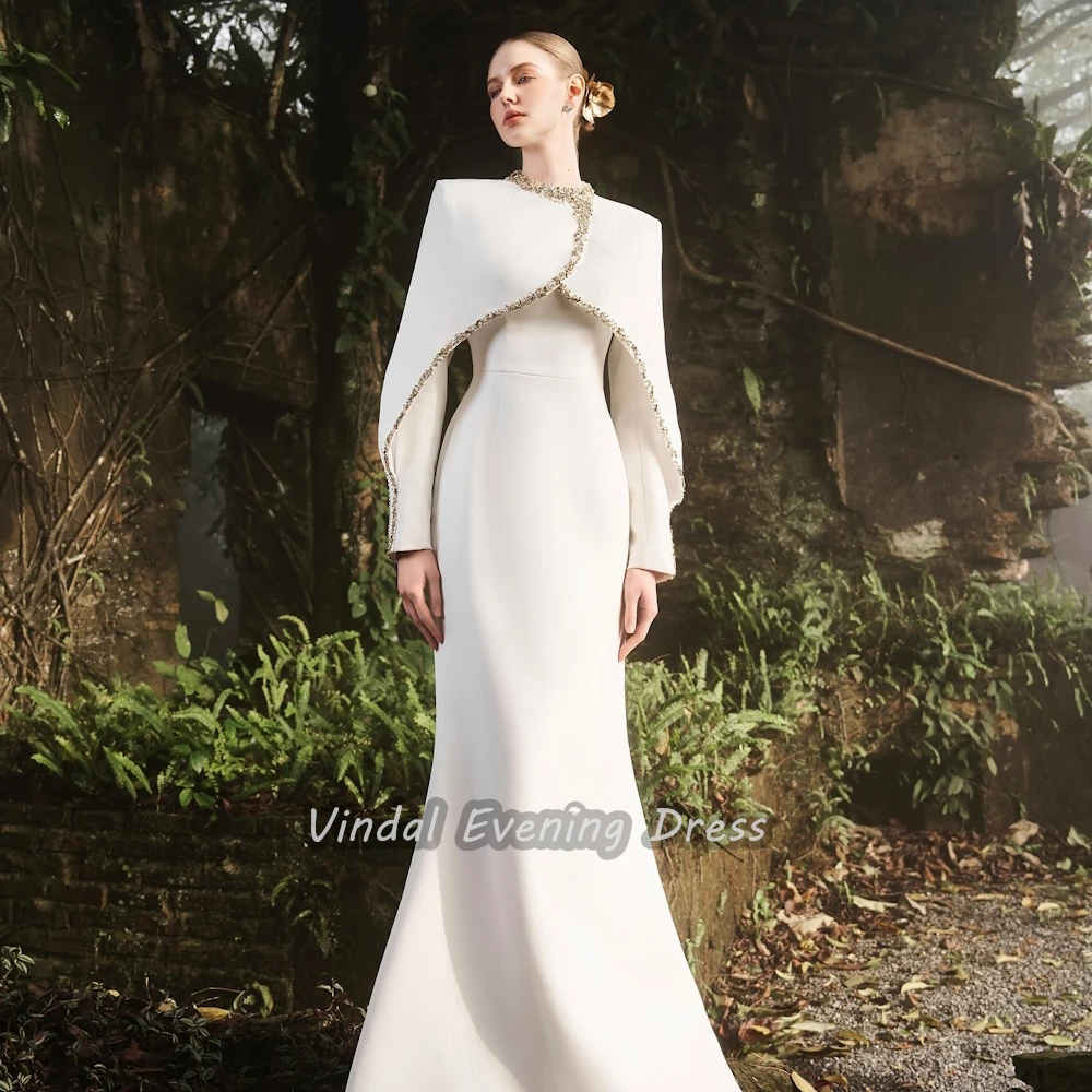 Vindal Crêpe Vloer Lengte Kralen O-hals Luxe Mode Sexy Zeemeermin Borst Vulling Elegante Lange Mouwen السعود Voor Vrouw 2024