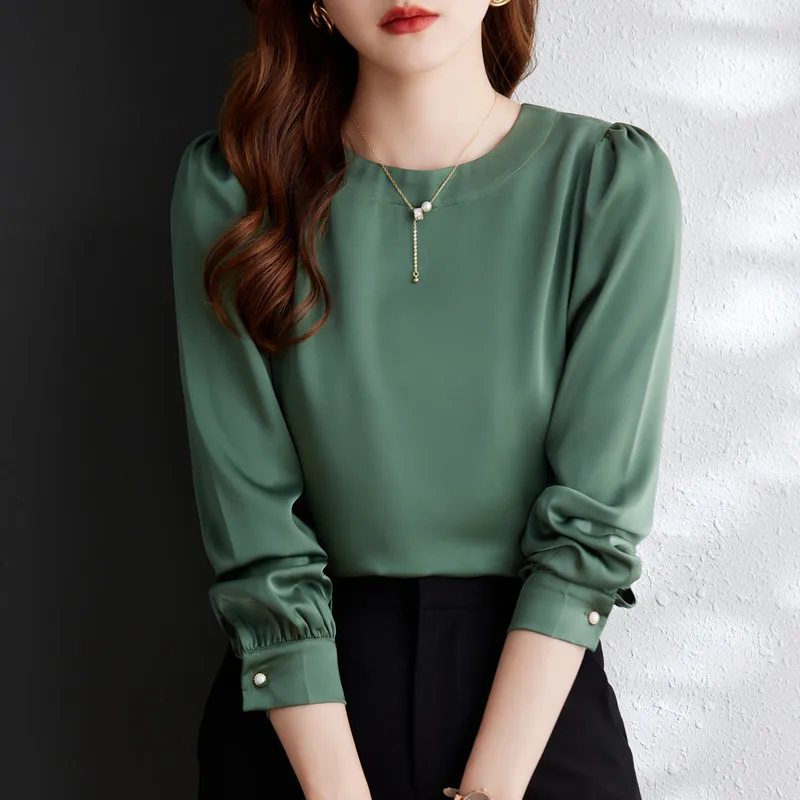 Green O Neck Shirt Women Formal New Spring Autumn Temperament High End Long Sleeve Satin Blouses Office Ladies Work Clothe Tops