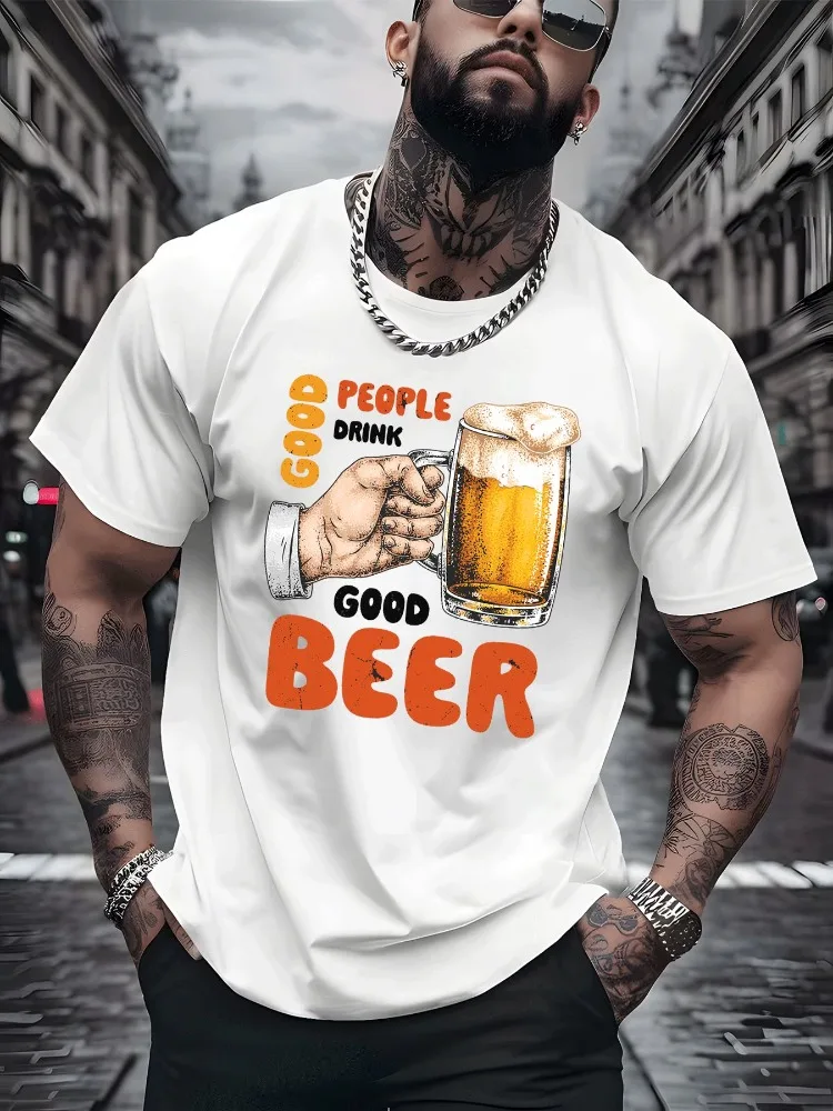 Fun Beer Lover Mens White Short Sleeve Tshirt Vintage Hand Grab Beer Glass Good Beer Text Print Breathable Daily Cotton Tops