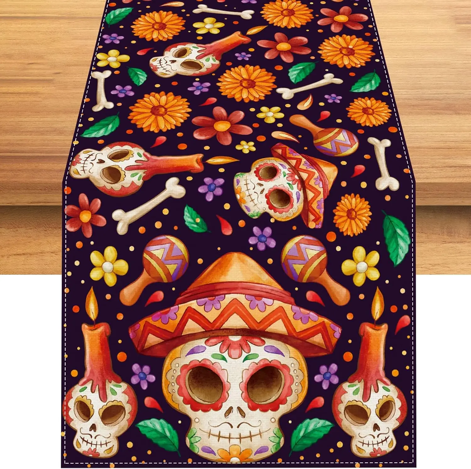 Mexican Colorful Floral Day of The Dead Linen Table Runner Mexico Dia De Los Muertos Sugar Skull Table Runners Party Table Decor