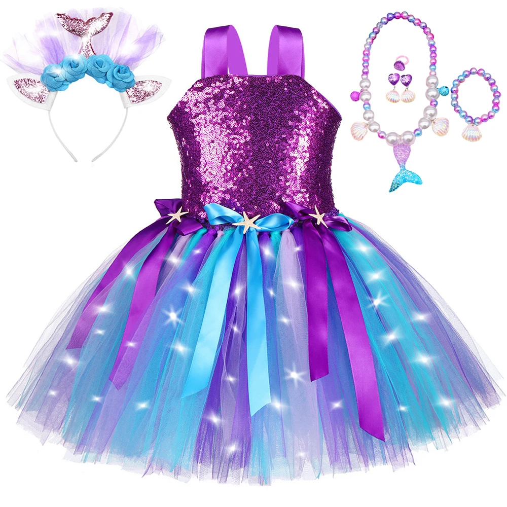 Led Light Mermaid Princess Dresses Girls Birthday Party Ballet Tutus Kids Sequins Christmas Halloween Costumes Sea-maid Outfits