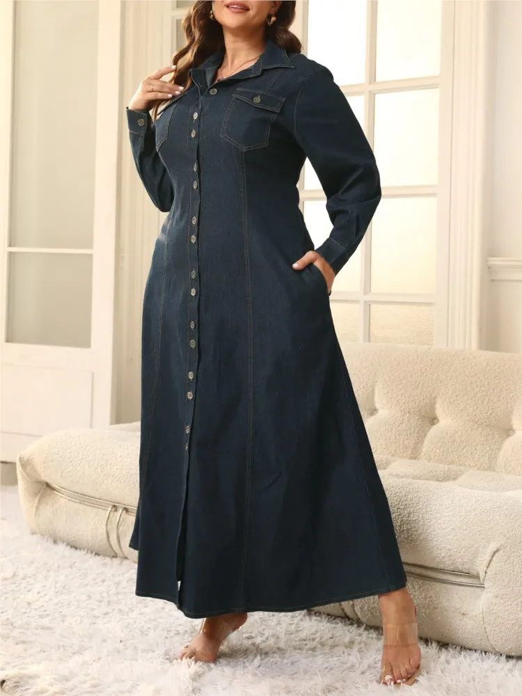 Plus Size Denim Winter Long Ruffle Pleated Dress Women Long Sleeve Fashion Ladies Dresses Loose Casual Woman Shirt Dress 2023