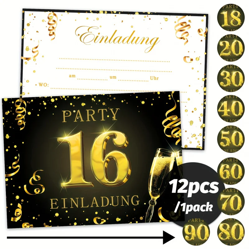 12 قطعة. دعوات عيد ميلاد ذهبية سوداء لـ 16th/18th/20th/30th/40th/50th/60th/70th/80th/90th. أعياد الميلاد - النجم الأنيق #1