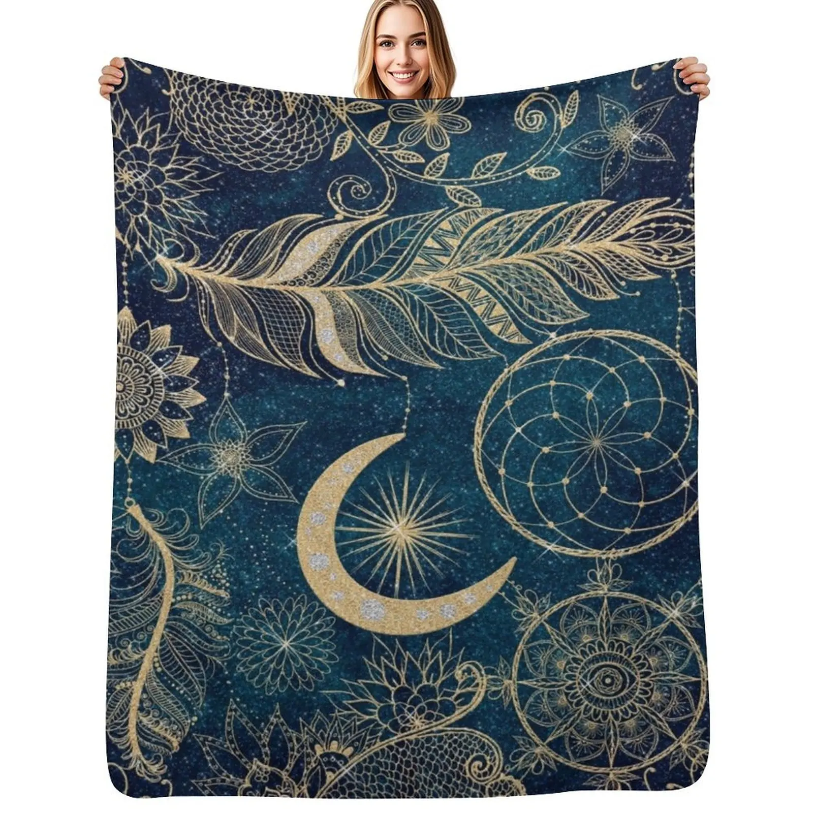 

Whimsy Gold Glitter Dreamcatcher Feathers Mandala Throw Blanket Portable Lightweight Blanket for Travel Camping