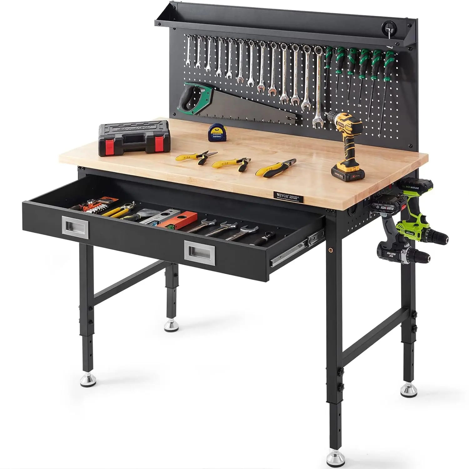 Workbench Adjustable Height 28-39.5" Work Bench for Garage Oak Plank & Carbon Steel Capacity Bench top 3m Cable 30 Hooks